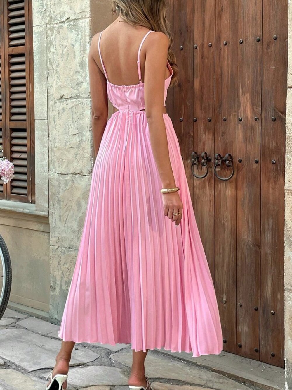 Pink Casual Women's Minimalist Pleated Cutout Waist Camisole Dress - Picture 2 of 6